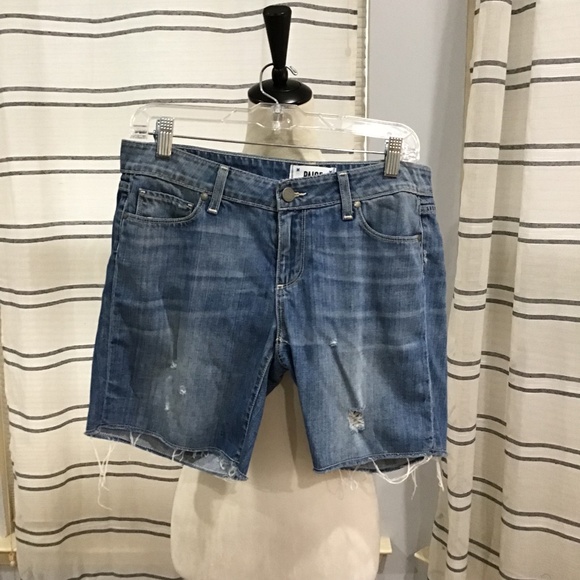 PAIGE Pants - Paige Women Size 27 Monica Raw Hem Distressed Blue Denim Bermuda Shorts Cutoff